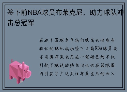 签下前NBA球员布莱克尼，助力球队冲击总冠军