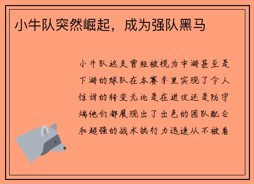 小牛队突然崛起，成为强队黑马